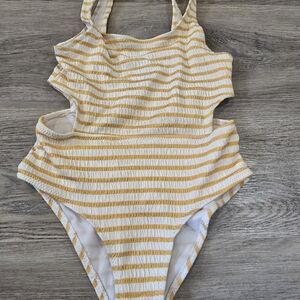 Zara Girls Yellow and White Striped One-Piece Cutout Swimsuit